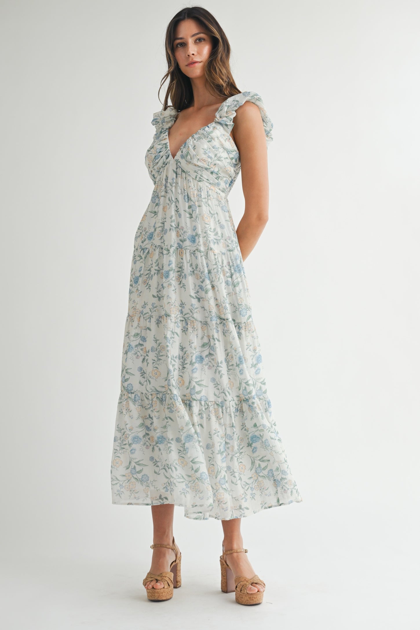 Blue Floral V-Neck Ruffle Strap Tiered Midi Dress