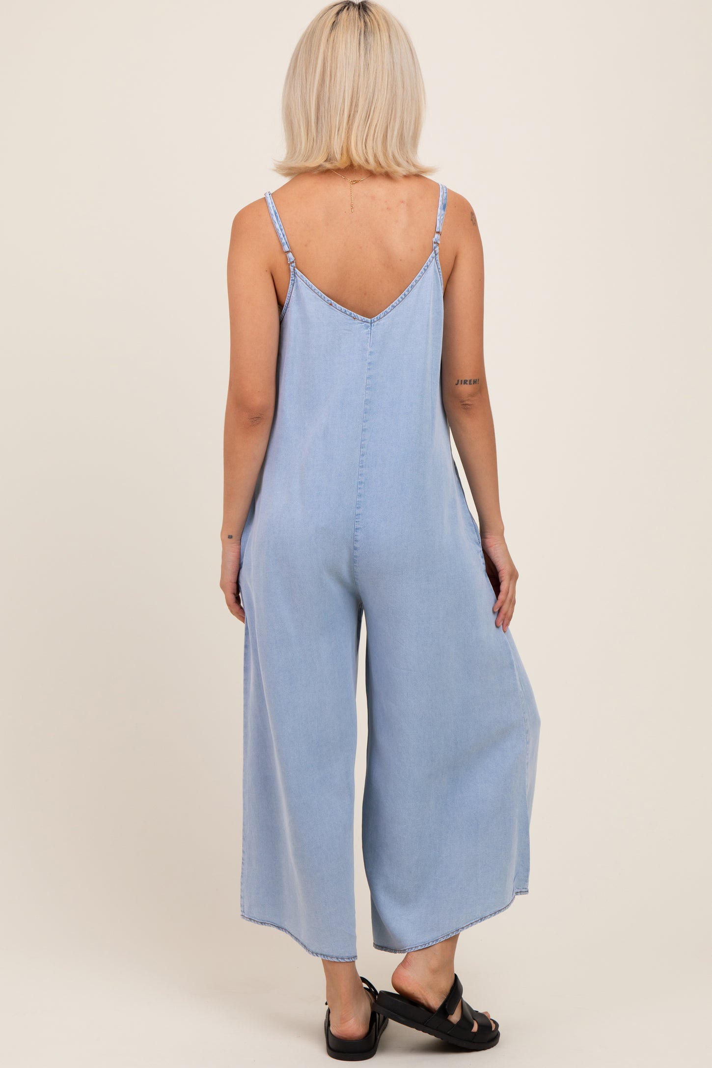 Light Blue Chambray V-Neck Sleeveless Wide Leg Maternity Jumpsuit