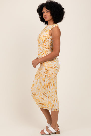 Yellow Printed Ruched Sleeveless Midi Dress