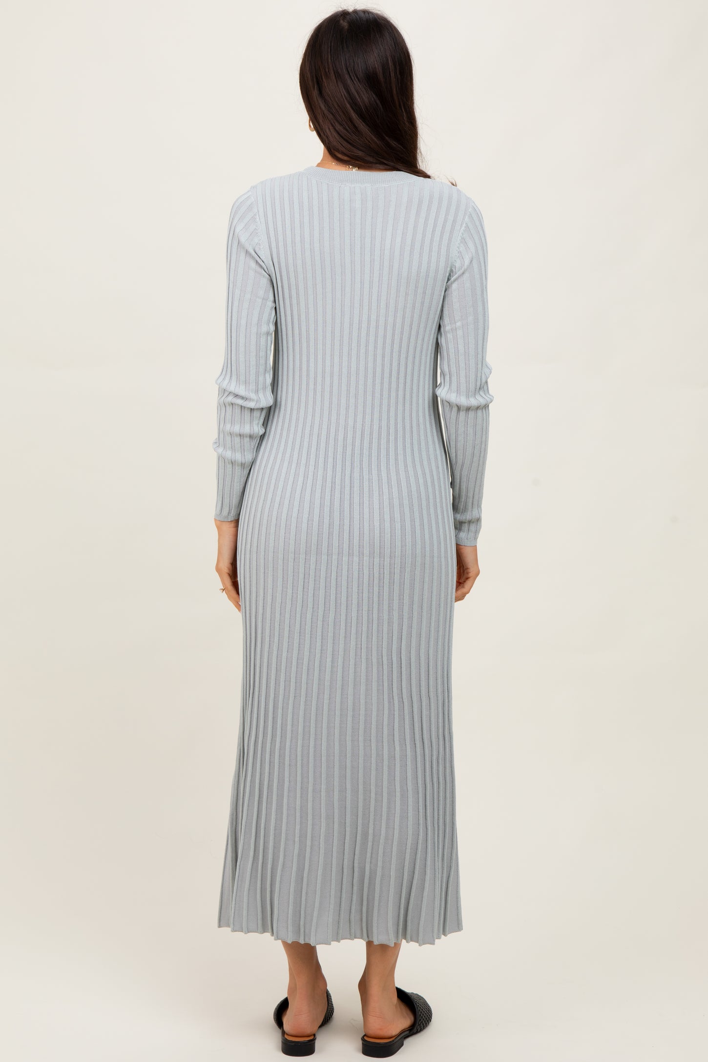 Grey Ribbed Long Sleeve Sweater Midi Dress