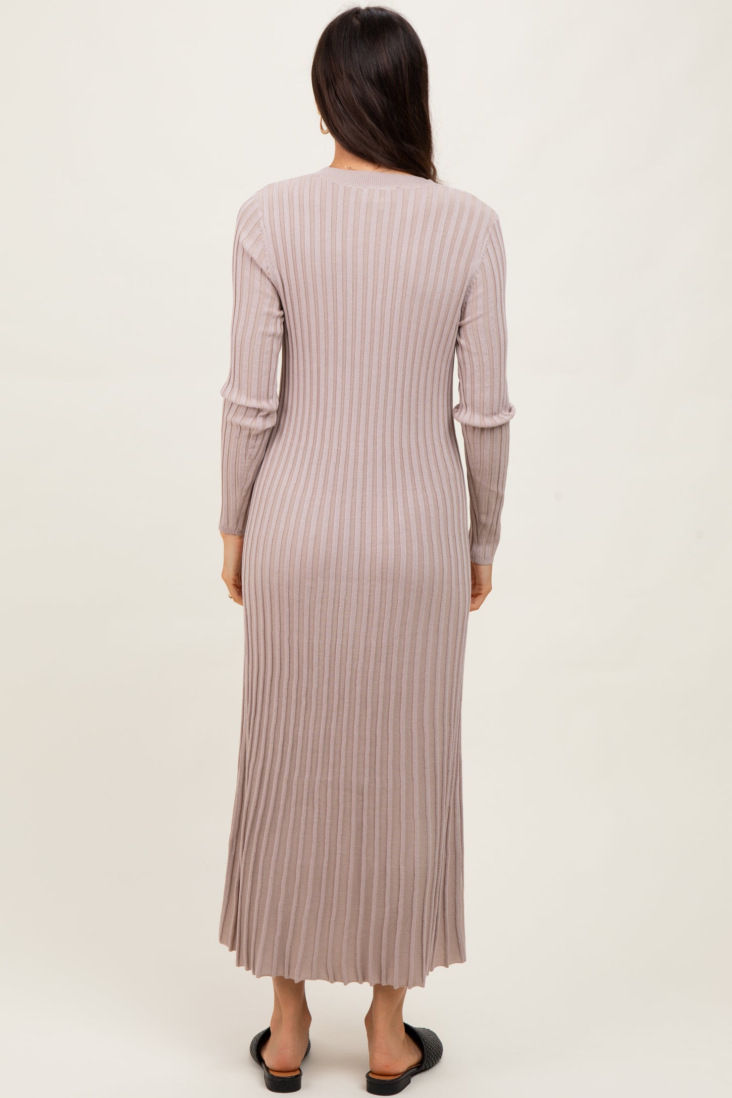 Beige Ribbed Long Sleeve Sweater Midi Dress