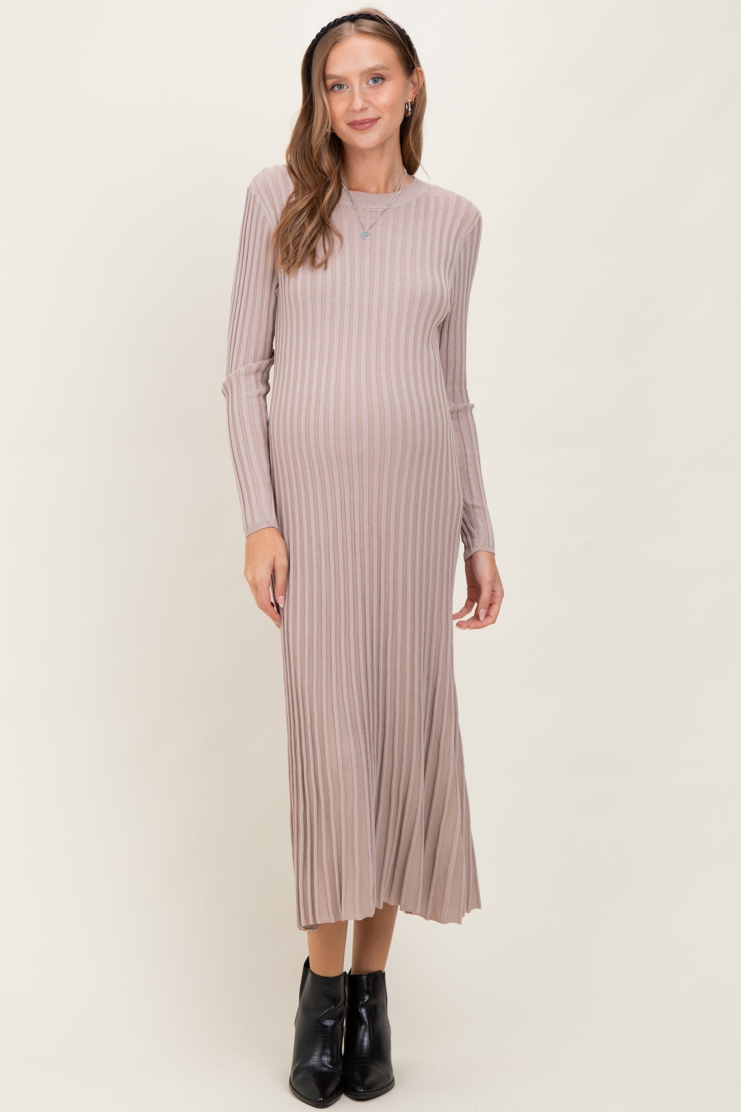Beige Ribbed Long Sleeve Maternity Sweater Midi Dress