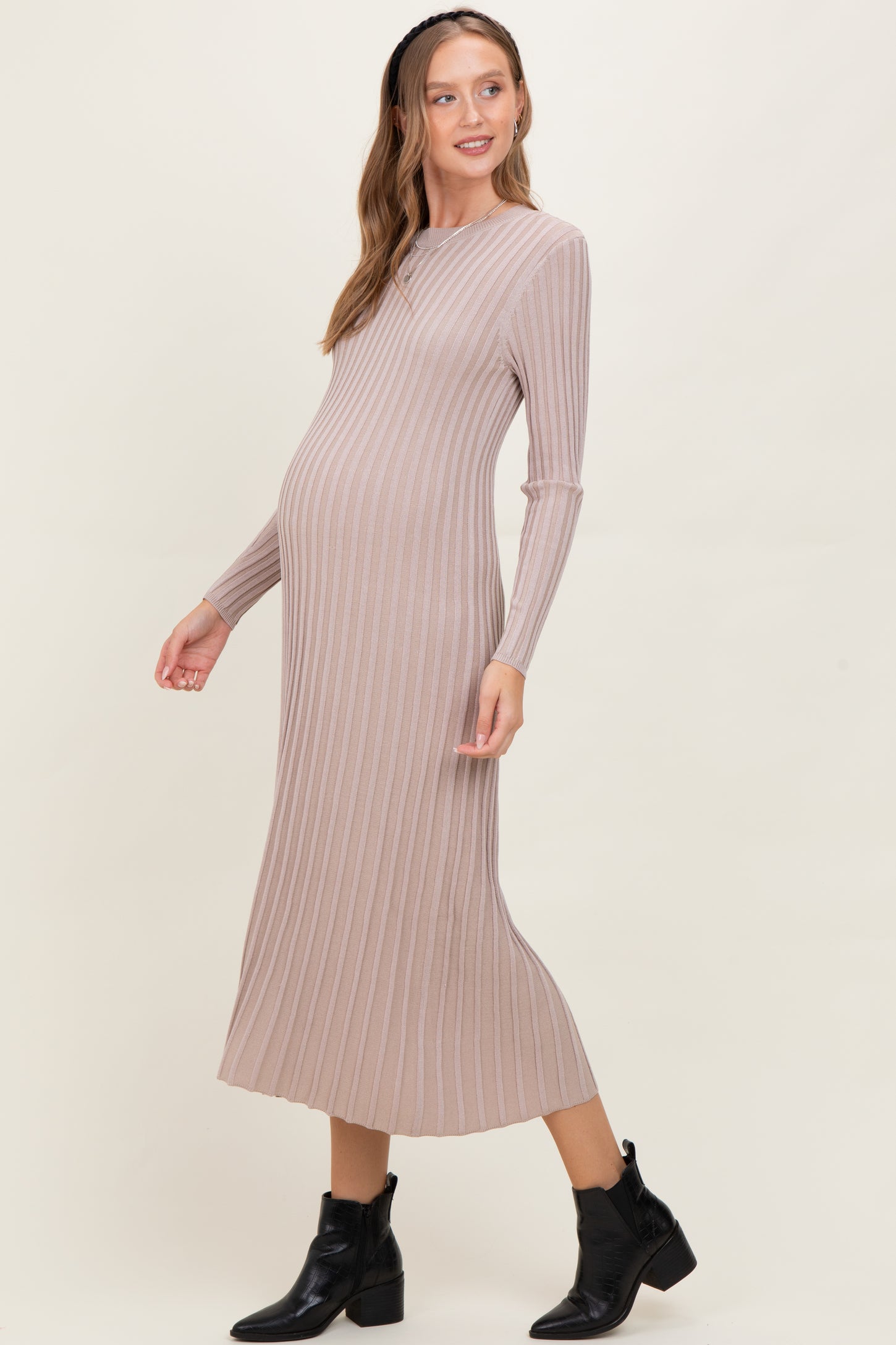 Beige Ribbed Long Sleeve Maternity Sweater Midi Dress