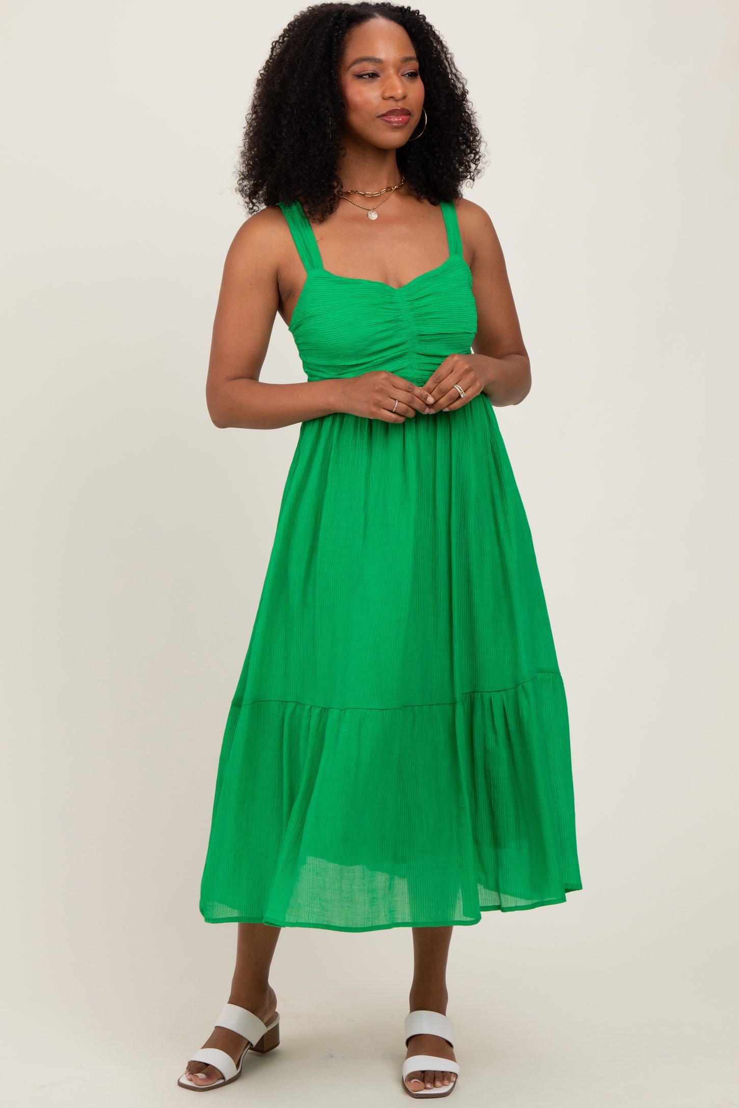 Green Cinched Bust Cutout Maternity Midi Dress