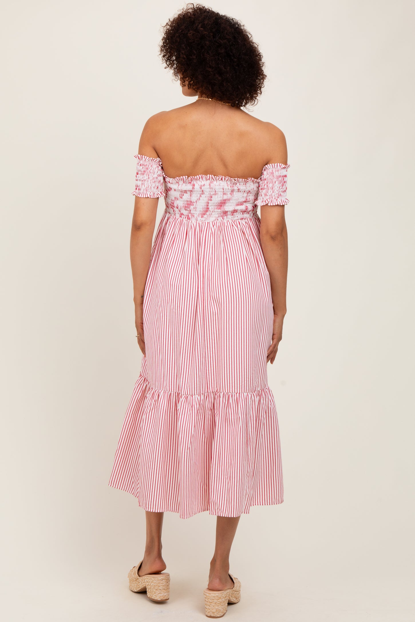 Red Striped Floral Colorblock Off Shoulder Midi Dress