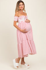 Red Striped Floral Colorblock Off Shoulder Maternity Midi Dress