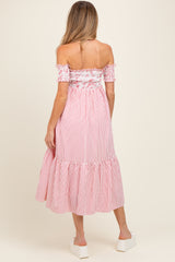 Red Striped Floral Colorblock Off Shoulder Maternity Midi Dress