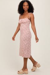 Red Printed Shoulder Tie Midi Dress