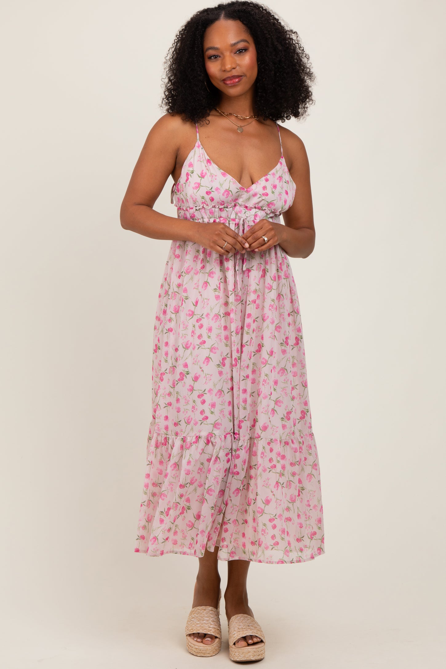 Pink Floral V-Neck Sleeveless Side Tie Maternity Midi Dress