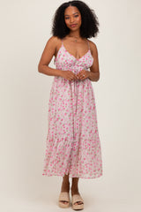 Pink Floral V-Neck Sleeveless Side Tie Maternity Midi Dress