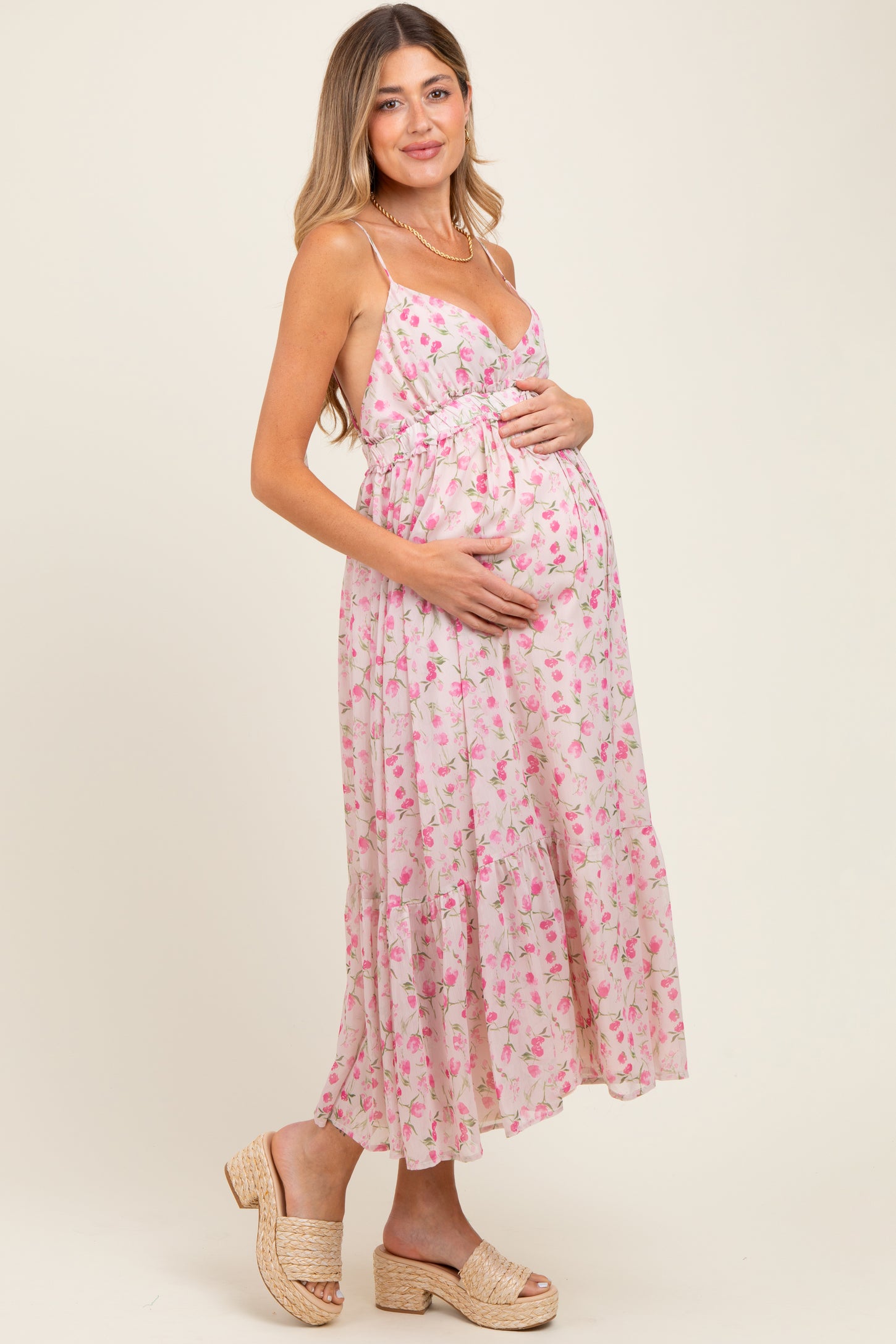 Pink Floral V-Neck Sleeveless Side Tie Maternity Midi Dress