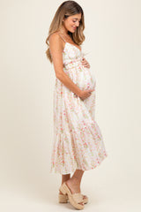 Yellow Floral Ruffle Accent Sleeveless Maternity Midi Dress