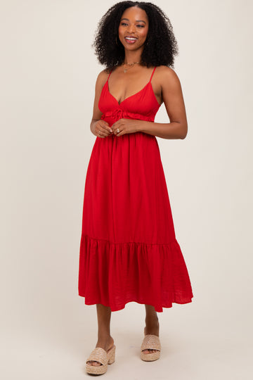 Red Ruffle Accent Sleeveless Midi Dress