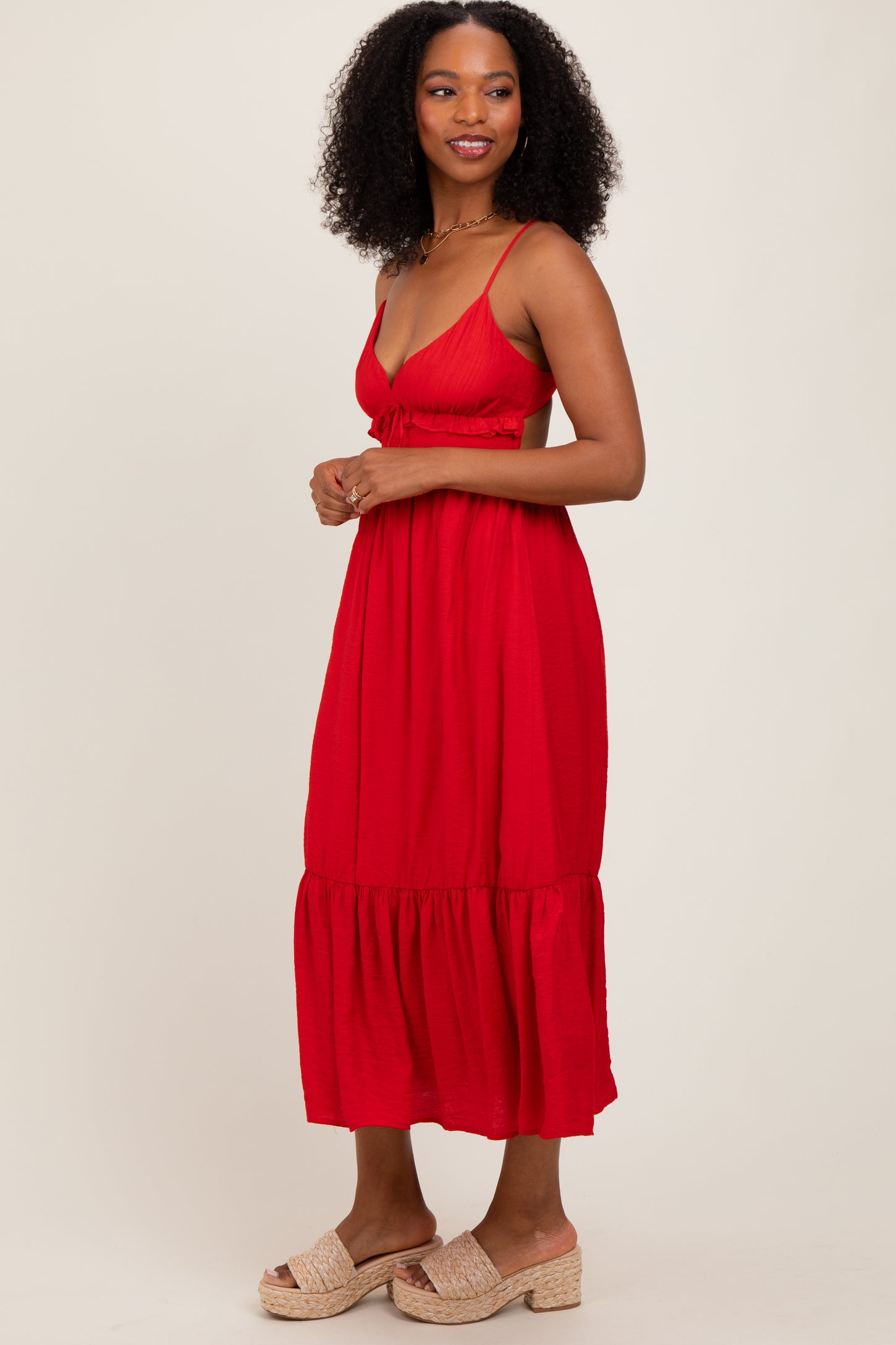 Red Ruffle Accent Sleeveless Midi Dress