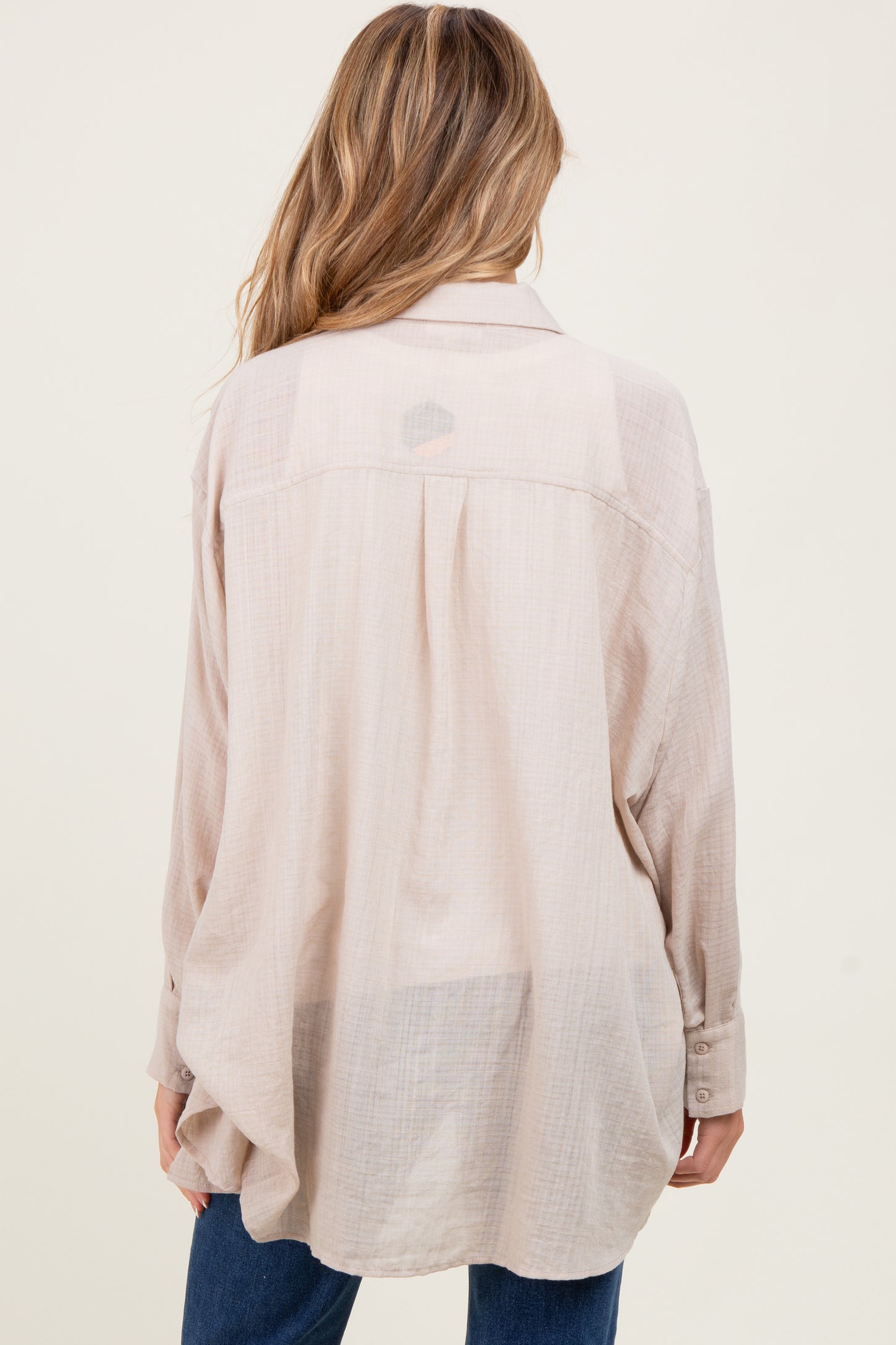 Light Beige Lightweight Sheer Button Down Maternity Blouse