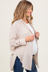 Light Beige Lightweight Sheer Button Down Maternity Blouse