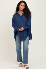 Navy Lightweight Sheer Button Down Maternity Blouse