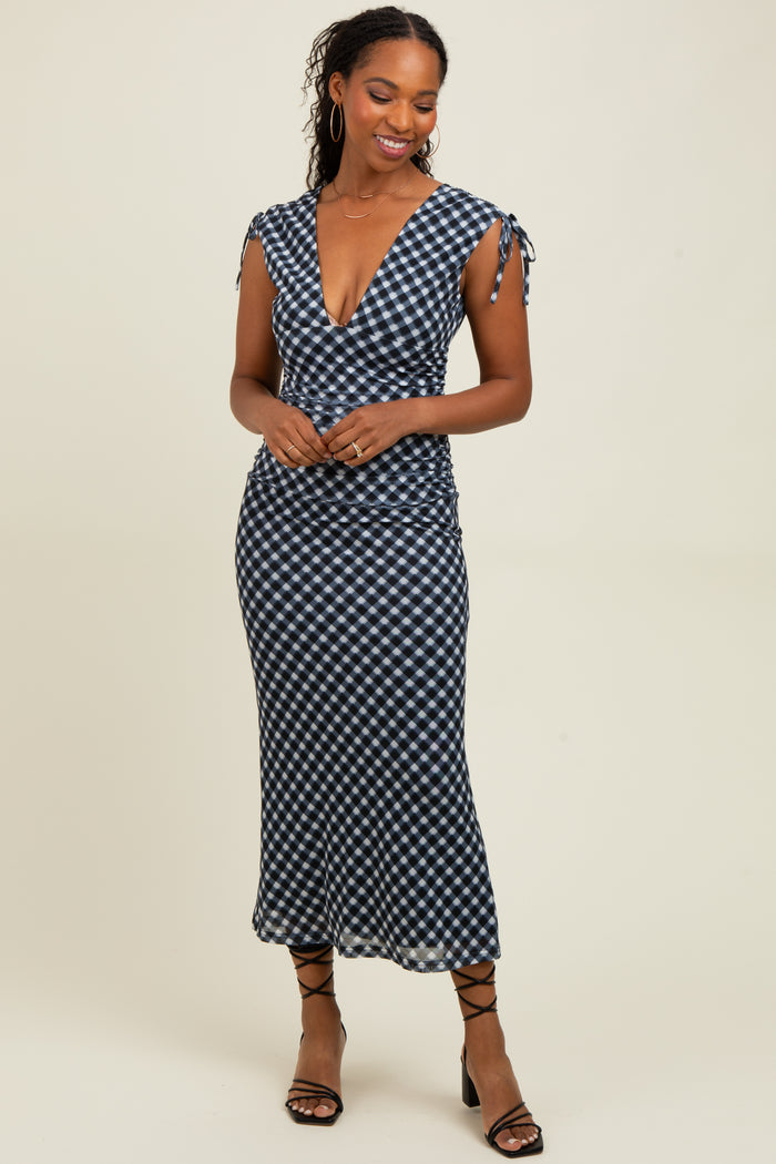 Black Ruched Gingham Shoulder Tie Maxi Dress