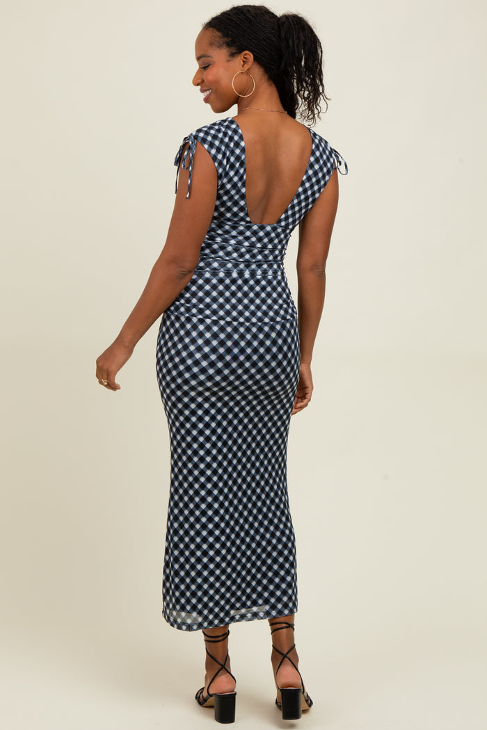 Black Ruched Gingham Shoulder Tie Maxi Dress