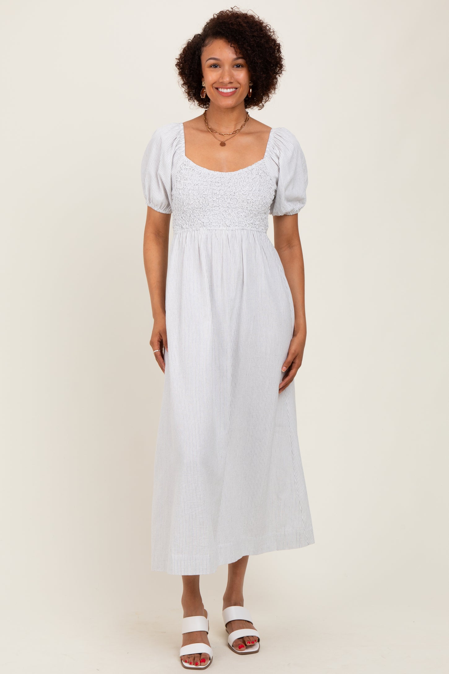 White Popcorn Smocking Bubble Sleeve Maternity Midi Dress