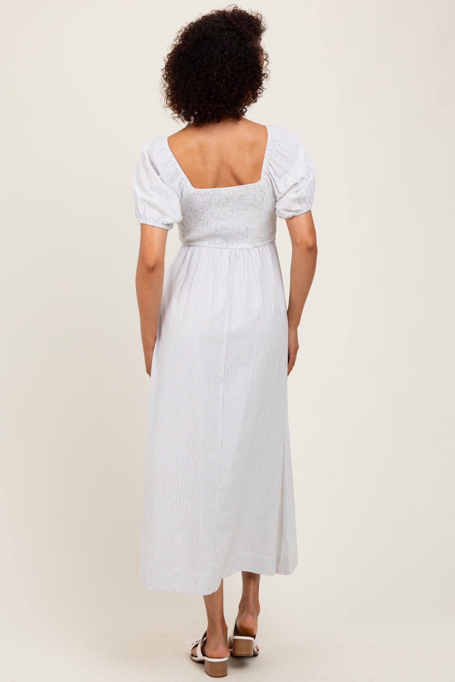 White Popcorn Smocking Bubble Sleeve Midi Dress