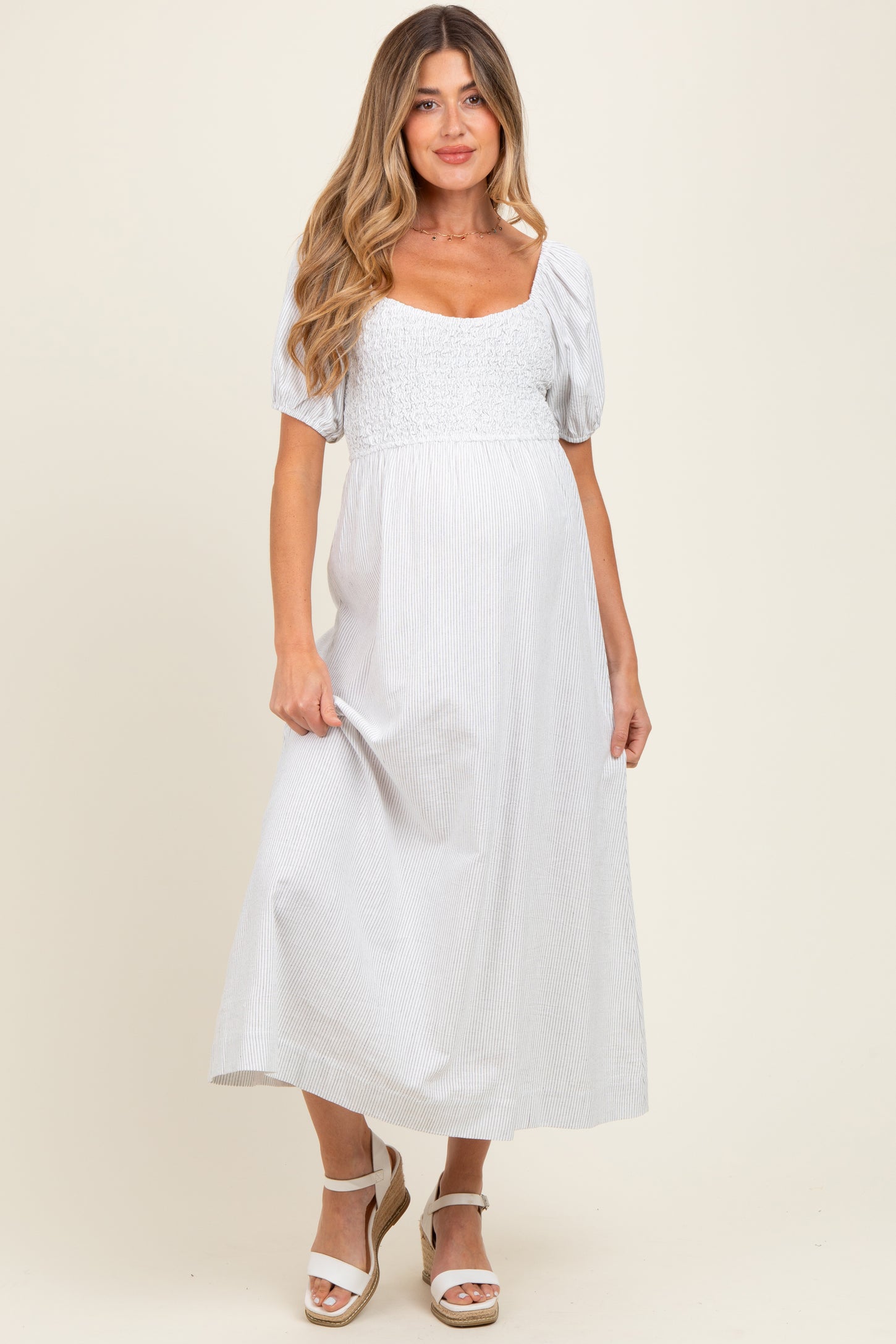 White Popcorn Smocking Bubble Sleeve Maternity Midi Dress