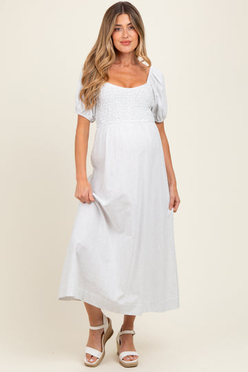 White Popcorn Smocking Bubble Sleeve Maternity Midi Dress