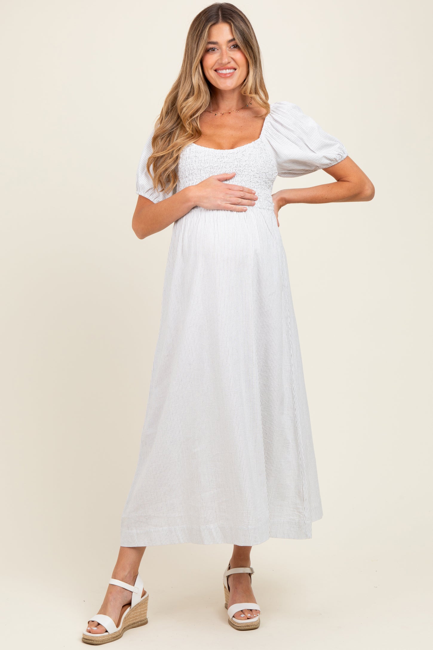 White Popcorn Smocking Bubble Sleeve Maternity Midi Dress