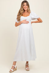 White Popcorn Smocking Bubble Sleeve Maternity Midi Dress