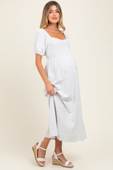 White Popcorn Smocking Bubble Sleeve Maternity Midi Dress