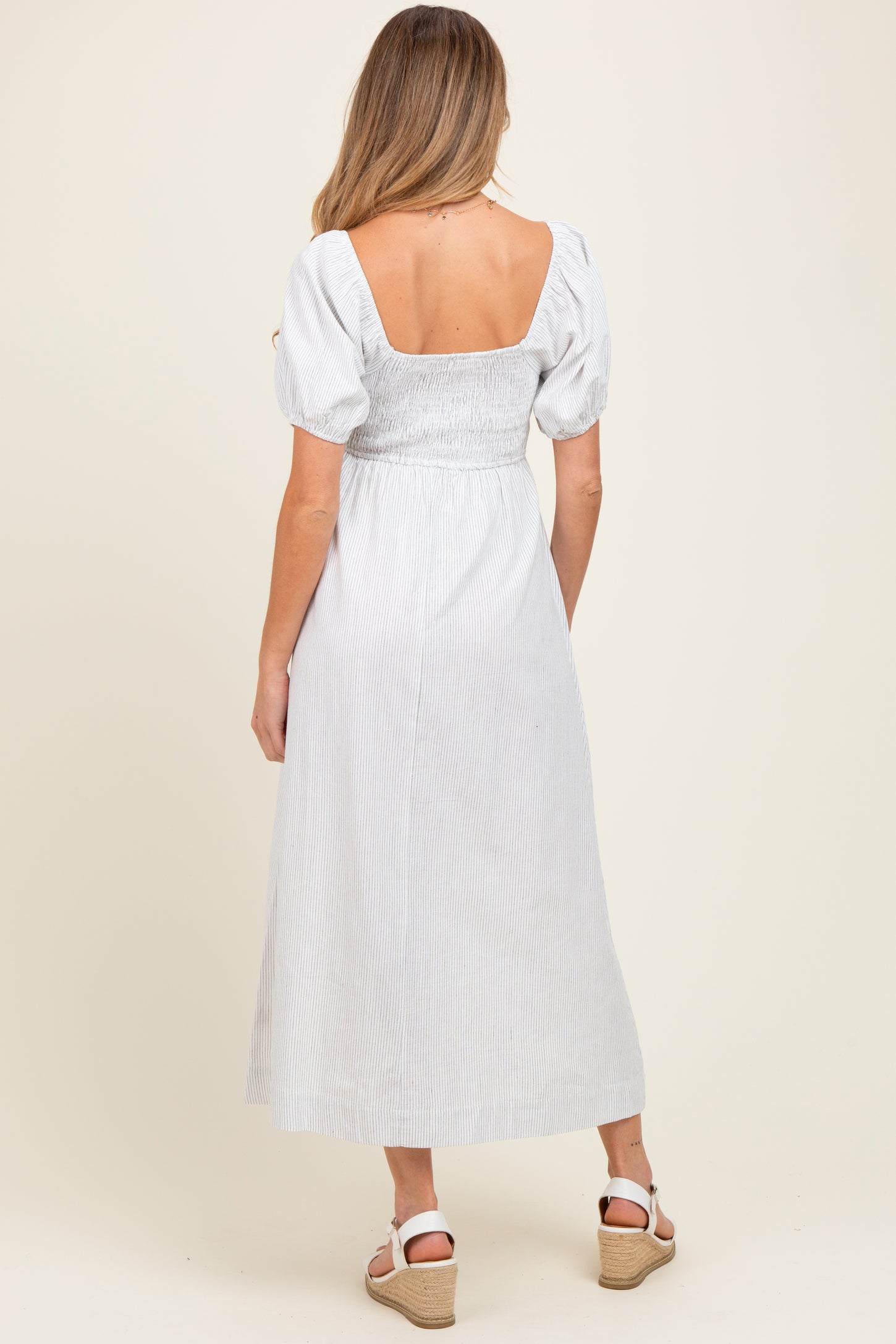 White Popcorn Smocking Bubble Sleeve Maternity Midi Dress
