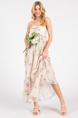 Cream Floral Chiffon Halter Maxi Dress