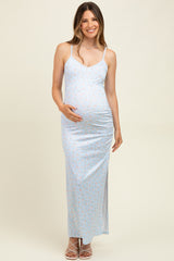 Light Blue Spring Floral Print Sleeveless Maternity Dress