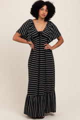Black/ Cream Stripe Knit Flutter Sleeve V-Neck Tiered Maternity Maxi Dress