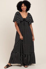 Black/ Cream Stripe Knit Flutter Sleeve V-Neck Tiered Maxi Dress