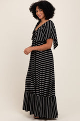 Black/ Cream Stripe Knit Flutter Sleeve V-Neck Tiered Maxi Dress
