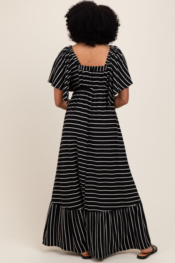 Black/ Cream Stripe Knit Flutter Sleeve V-Neck Tiered Maxi Dress