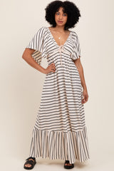 Cream/ Black Stripe Knit Flutter Sleeve V-Neck Tiered Maxi Dress