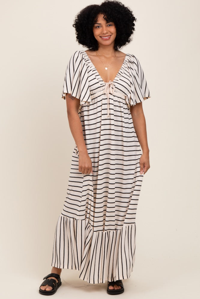Cream/ Black Stripe Knit Flutter Sleeve V-Neck Tiered Maxi Dress