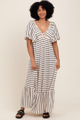 Cream/ Black Stripe Knit Flutter Sleeve V-Neck Tiered Maxi Dress