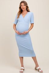 Light Blue Striped Short Sleeve V-Neck Maternity Midi Dress