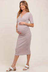 Mocha Striped Short Sleeve V-Neck Maternity Midi Dress