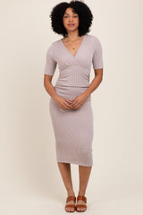 Mocha Striped Short Sleeve V-Neck Midi Dress