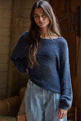 Navy Open Crochet Knit Wide Neck Sweater