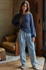 Navy Open Crochet Knit Wide Neck Sweater