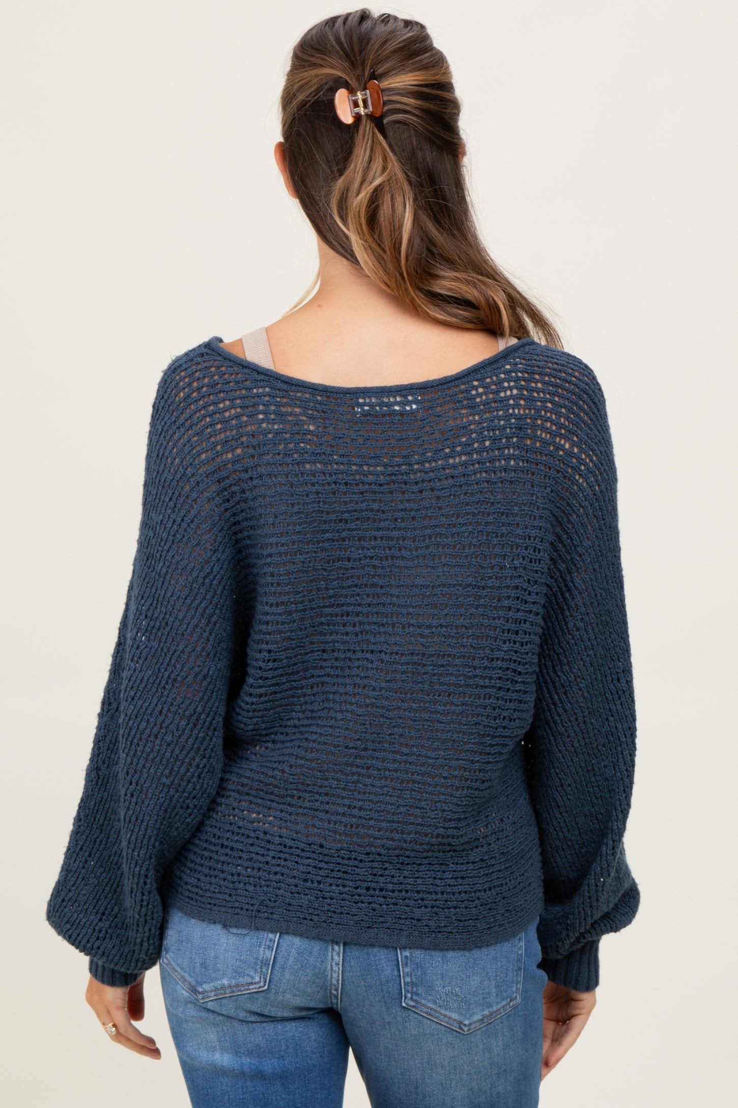Navy Open Crochet Knit Wide Neck Maternity Sweater