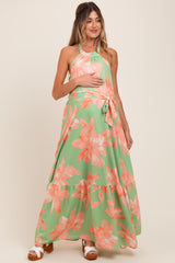 Mint Green Floral Halter Neck Open Back Maternity Maxi Dress