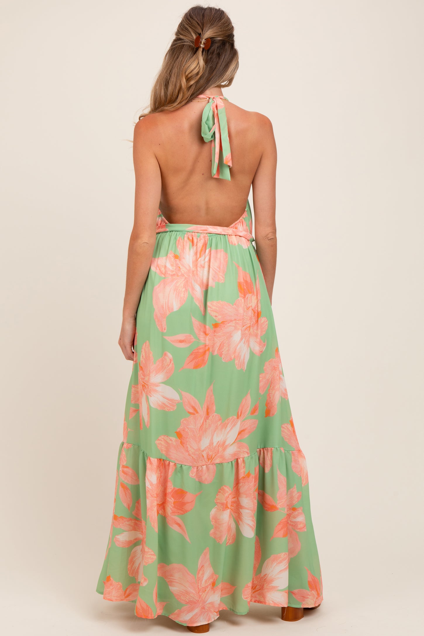 Mint Green Floral Halter Neck Open Back Maternity Maxi Dress