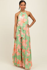 Mint Green Floral Halter Neck Open Back Maternity Maxi Dress