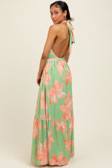 Mint Green Floral Halter Neck Open Back Maxi Dress